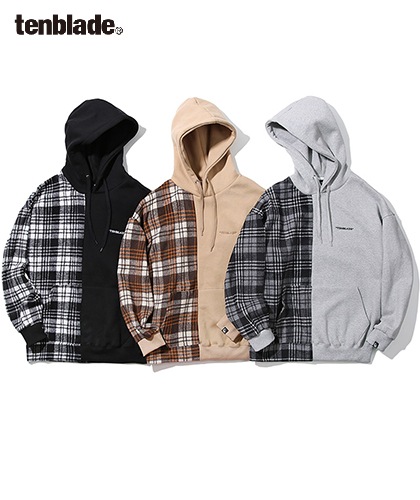 【TENBLADE】Serif logo check hoodie