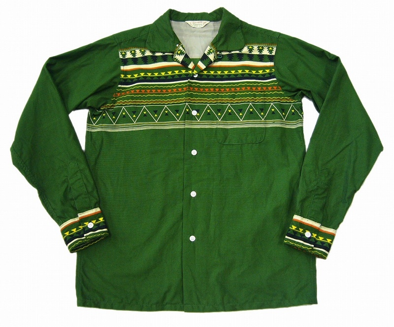 *WAREHOUSE*3066PRINT CORDUROYOPEN COLLAR SHIRTS(GREEN)