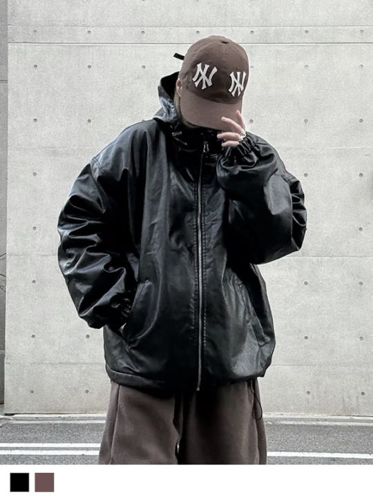 Leather String Hood Jacket