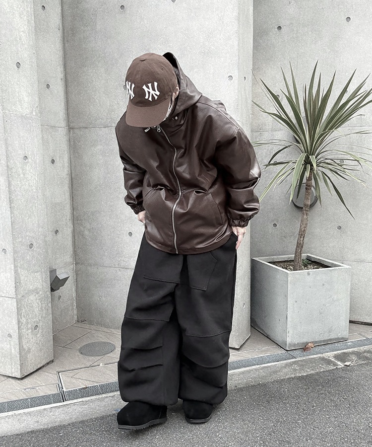 Leather String Hood Jacket