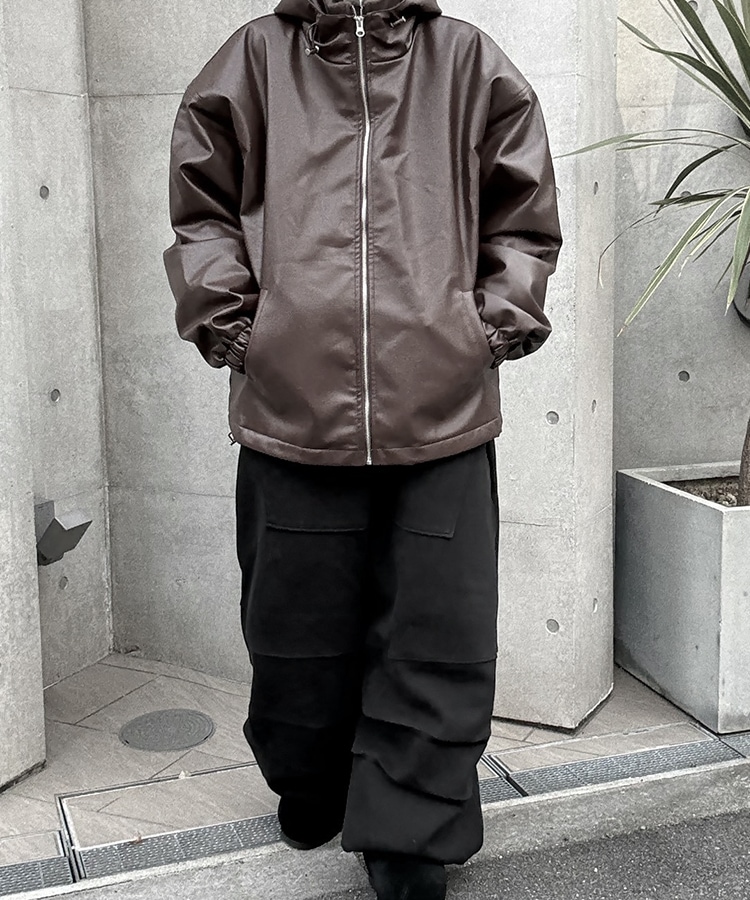 Leather String Hood Jacket