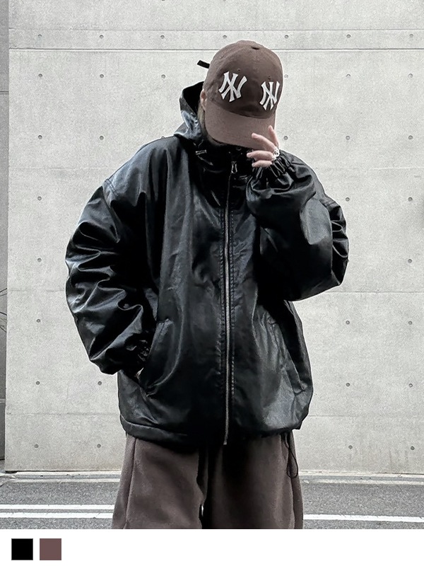 Leather String Hood Jacket