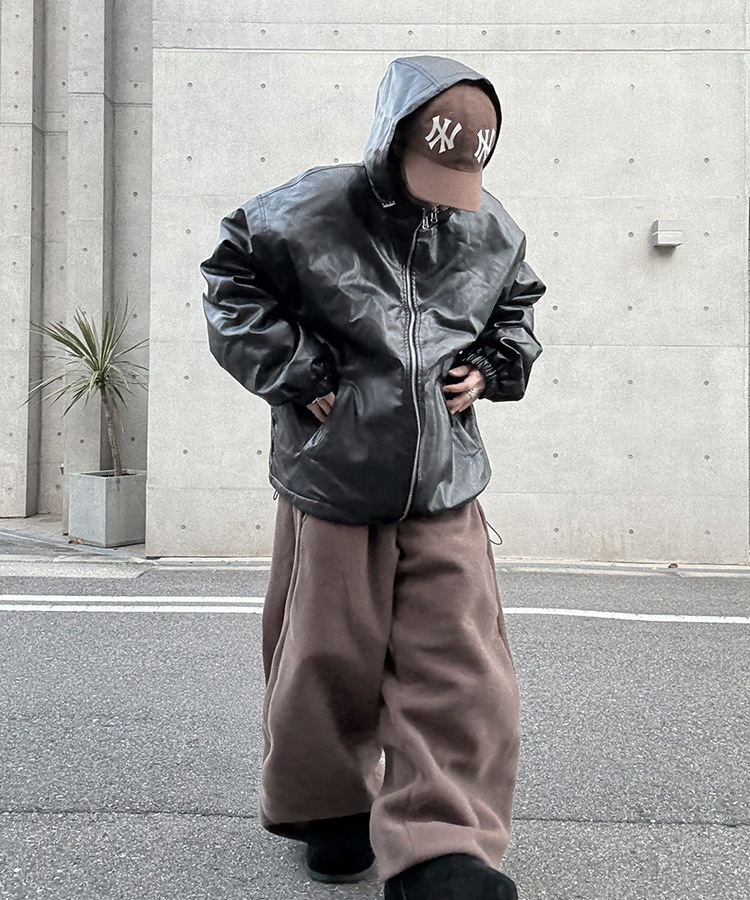 Leather String Hood Jacket