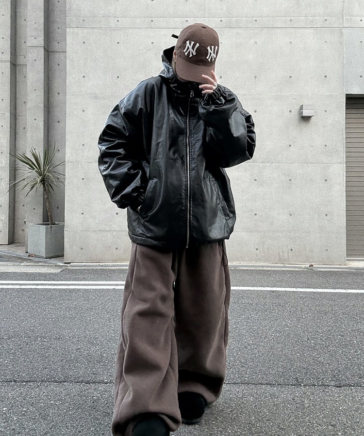 Leather String Hood Jacket