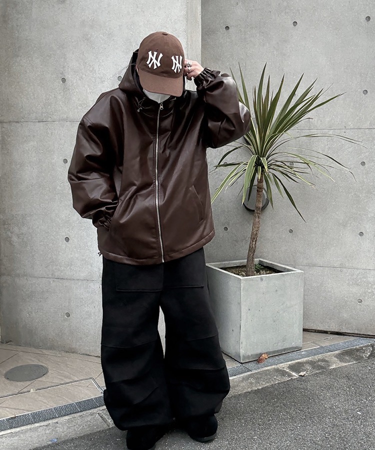 Leather String Hood Jacket