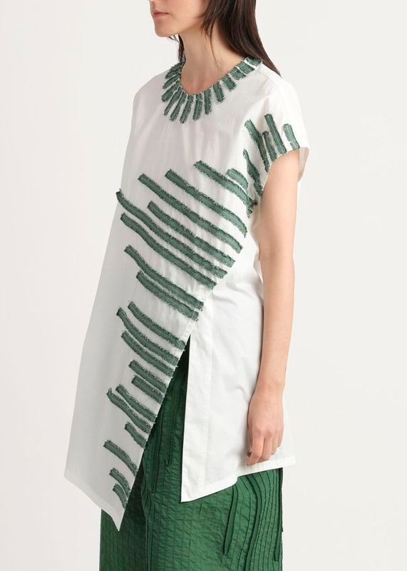 デニム風アイビースラッシュテープアシメヘムブラウス