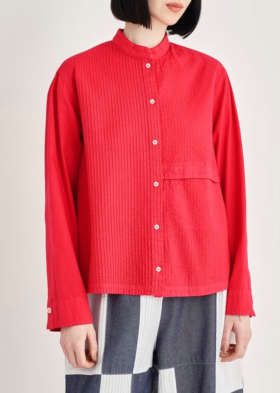 スタンド襟片胸ポケットシャツ