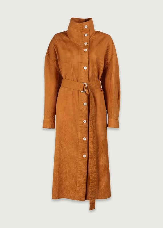 オフハイネックベルト付ロングピンタックシャツ