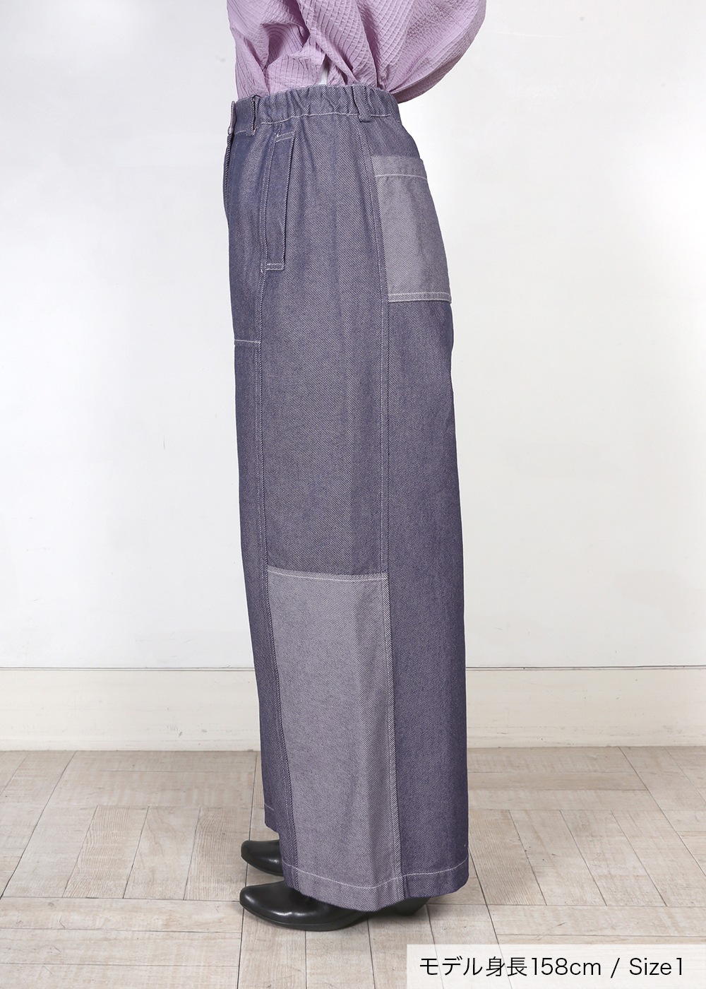 ブルーツイルティックパッチワークパンツ