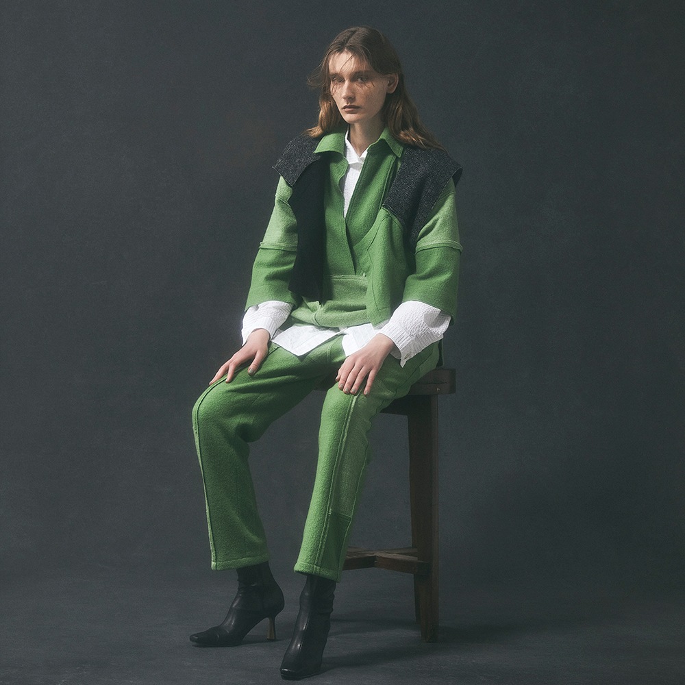 圧縮ニットアシメカラーブロックパンツ