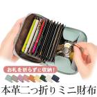 本革2つ折りミニ財布♪お札を折らずに収納 レディース ウォレット 本革 牛革 財布 折りたたみ 大容量 小銭入れ カード入れ ギフト プレゼント グリーン グレー パープル ピンク ブラウン ベージュ ホワイト ネイビー[50278]