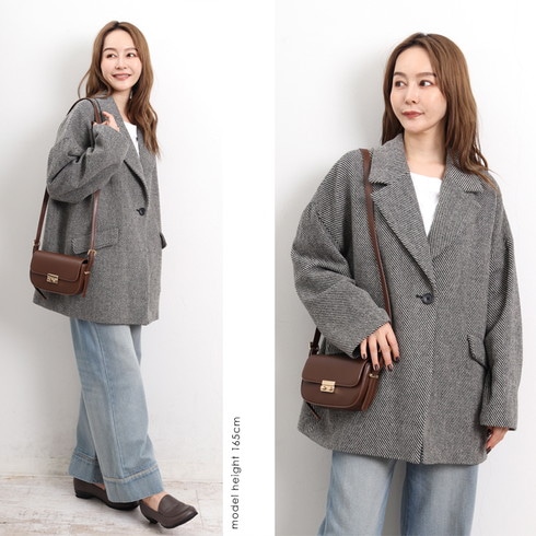 送料無料 コート ハーフコート Pコート ウール混 ツイード○レディース