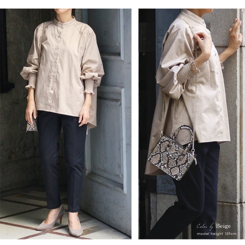 バンドカラーバックテールシャツ♪白シャツ パフスリーブ パフスリ