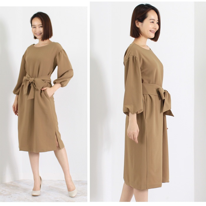 2wayパフスリーブワンピース 膝丈 ひざ丈 ミディアム きれいめ 無地 シンプル 上品 着痩せ パフスリーブ 大人 おしゃれ 大きいサイズ 7号 9号 11号 13号 Tv通販で大人気 ベージュ 完売商品 アパレル 雑貨 Lfo