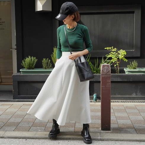 ふくれキルトロングスカート♪ジャガード エンボス ボリューム Aライン  