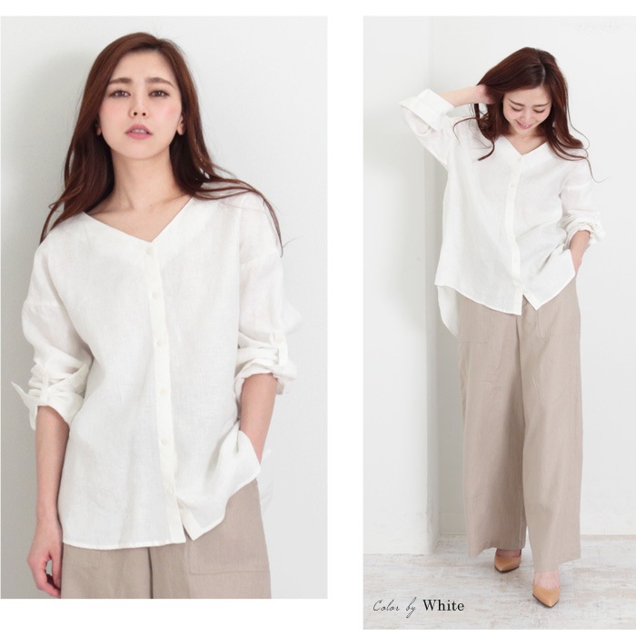 訳あり某ブランド バックツイストブラウス カットソー Vネック 長袖 リネン 麻 無地 レディース トップス おしゃれ オフィス ビジネス カーキ ホワイト ピンク メール便可 完売商品 アパレル 雑貨 Lfo