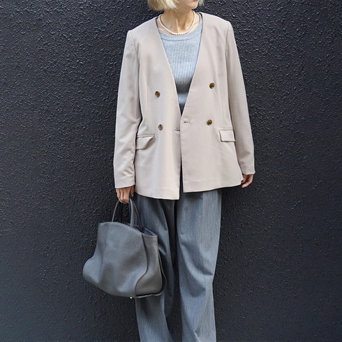 【極美品】　LOUFAS　シルクネップノーカラーVネックダブルジャケットブルー doux bleu Vネックノーカラージャケット DB-2417-002