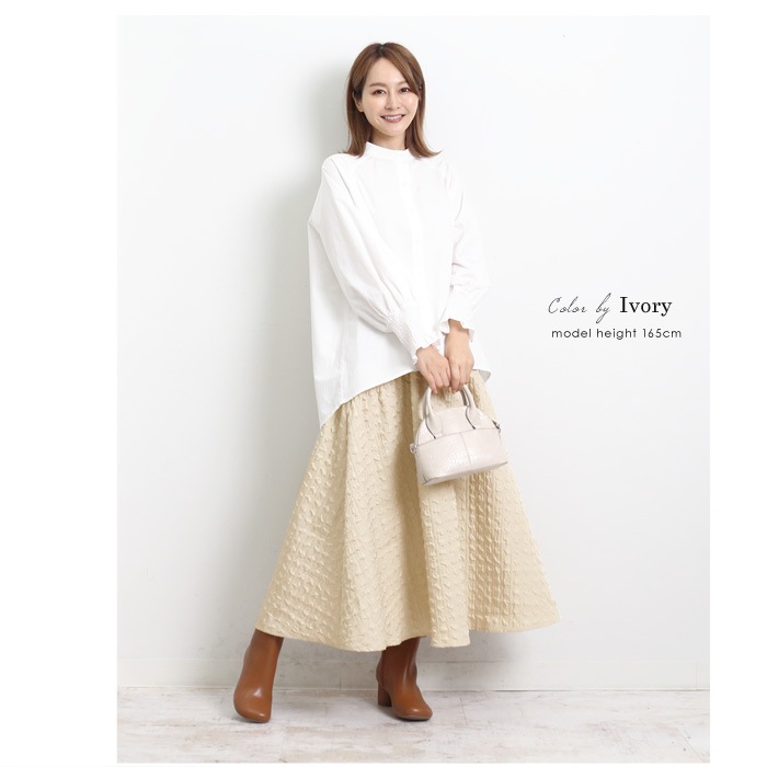 ふくれジャガードフレアースカート☆スカート 膝下 ひざ下 ミモレ丈  