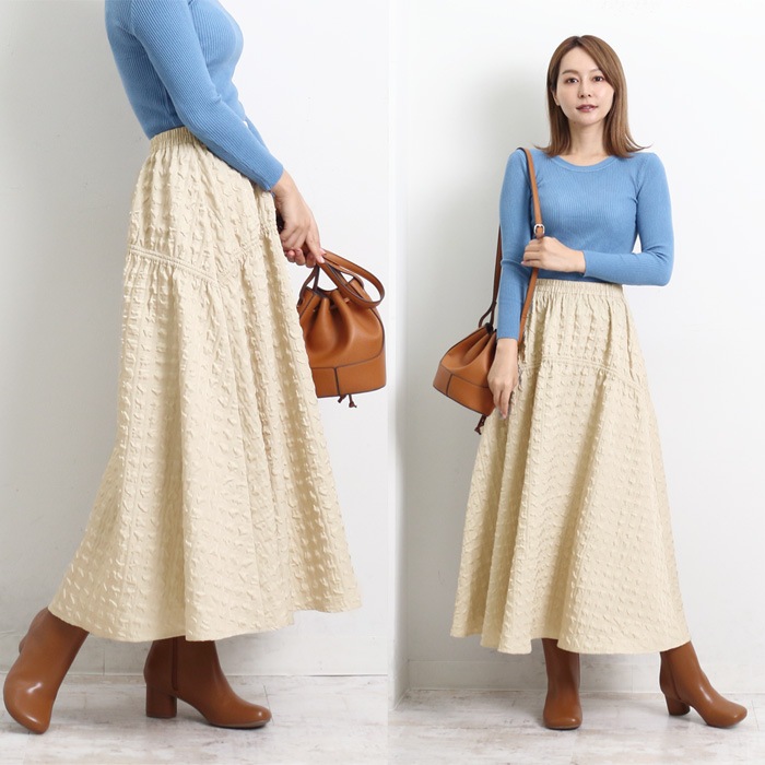 ふくれジャガードフレアースカート☆スカート 膝下 ひざ下 ミモレ丈  