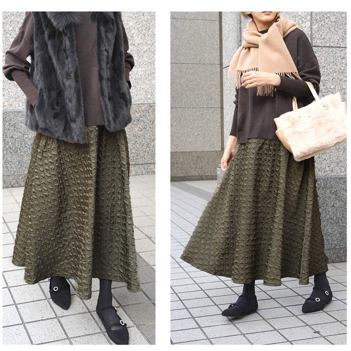 ふくれジャガードフレアースカート☆スカート 膝下 ひざ下 ミモレ丈  