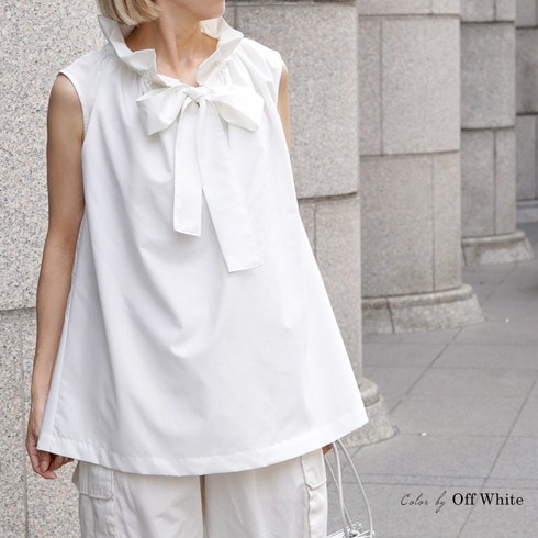 フリルネックボウタイブラウス♪ギャザー フリル リボン ノースリーブ
