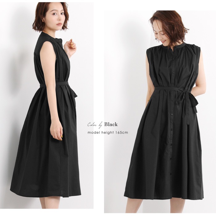 2way】コットンボイルギャザーシャツワンピース♪ノーカラー