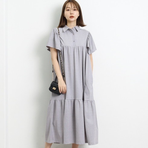 送料無料 【MARTHA】マーサ○フレア袖鹿の子ティアードポロワンピース