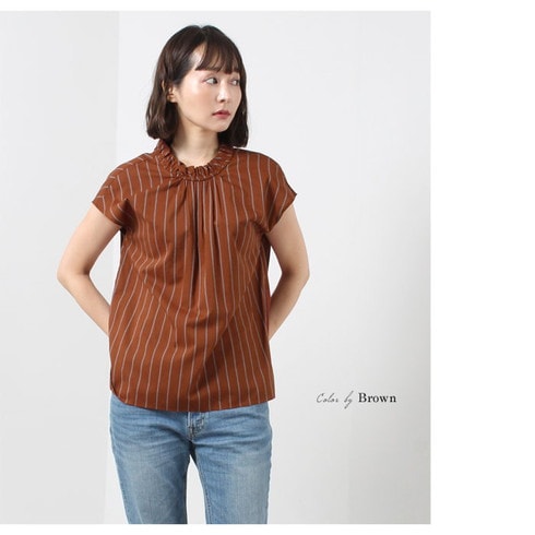 ハイネックストライプブラウス プチハイネックが女らしい レディース ストライプ シャツ おしゃれ フリル襟 半袖 コットン イエロー ネイビー ブルー ブラウン 3700 メール便可 すべての商品 Lfo
