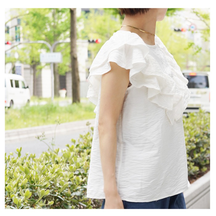 訳あり リネンタッチフリルブラウス レディース ブラウス トップス フリル襟 半袖 無地 シフォン カジュアル フリルブラウス カットソー 白 黒 ブラック オフホワイト Ss メール便可 4800円以上送料無料 完売商品 アパレル 雑貨 Lfo