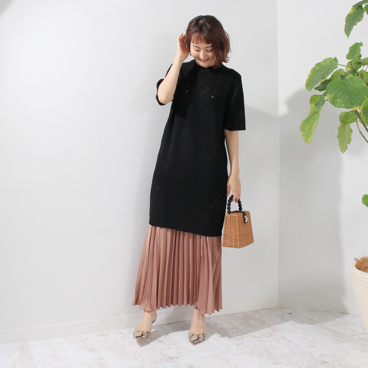 7-IDconceptワンピースロング丈Tシャツ クルーネック 半袖 彩っ カーキ38 