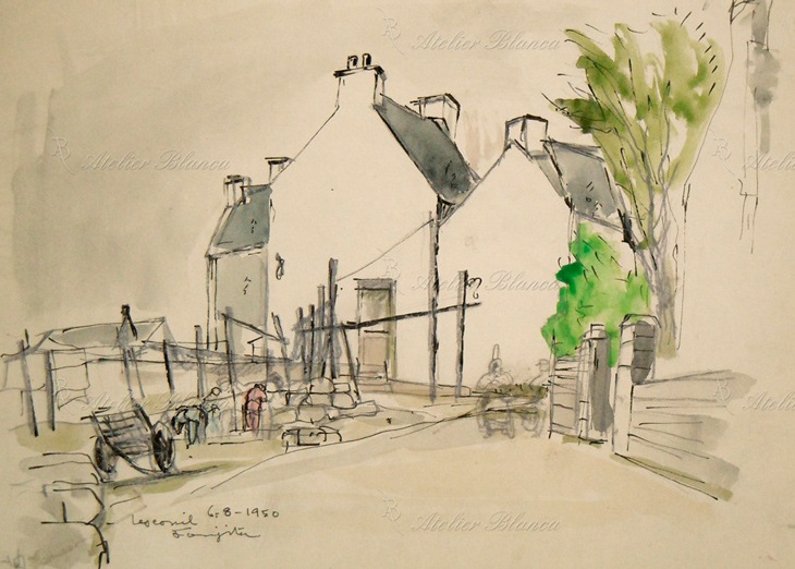 伝・藤田嗣治作　肉筆油彩風景画「湖畔」 伝・藤田嗣治作 肉筆油彩風景画「湖畔」