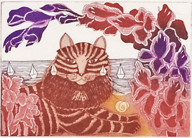 ジュリエット・ロマーダ　版画　猫と花 原画　 ビンテージ ジュリエット・ロマーダ 「浜辺」 | | アトリエ・ブランカ