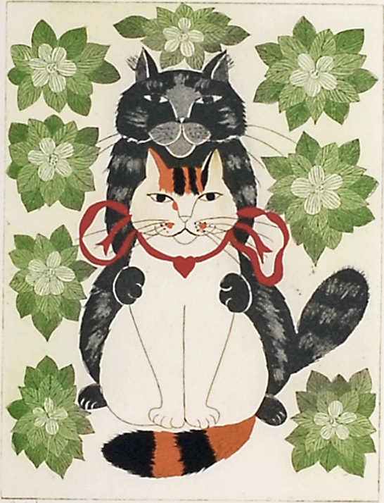ジュリエット・ロマーダ　版画　猫と花 原画　 ビンテージ ジュリエット・ロマーダ 「友達」 | | アトリエ・ブランカ