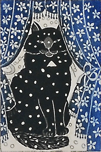 ジュリエット・ロマーダ　版画　猫と花 原画　 ビンテージ ジュリエット・ロマーダ 「冬の窓」 | | アトリエ・ブランカ