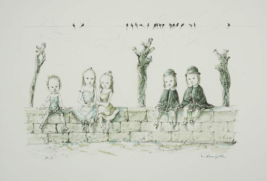 藤田嗣治、【つばめと子供たち 】、希少な限定額装用画集画、新品高級額 額装付 藤田嗣治 「つばめと子供たち」 | | アトリエ・ブランカ