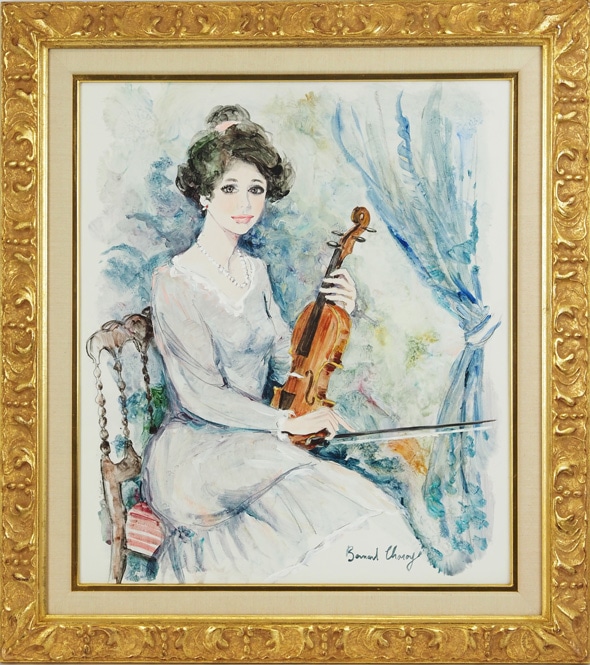 ベルナール・シャロワ　バイオリンを持つ少女　リトグラフ ベルナール・シャロワ バイオリンを持つ少女 リトグラフ 奥龍之介