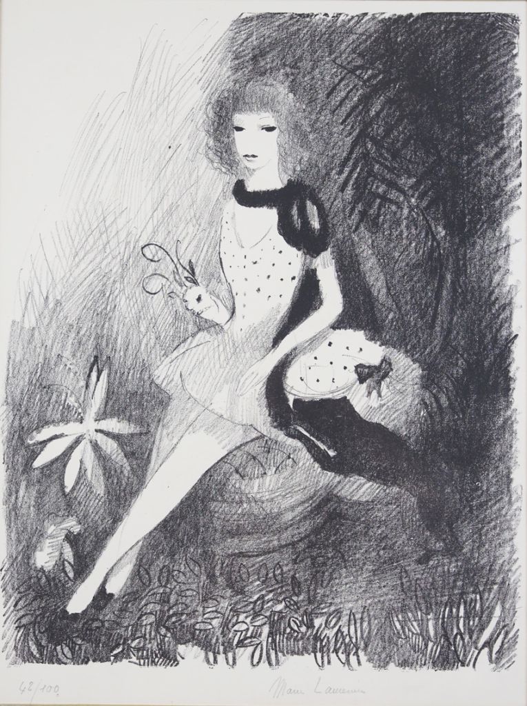 マリーローランサン リトグラフ石版 少女 マリー・ローランサン 【花束を見つめる少女】名作リトグラフ 刷師