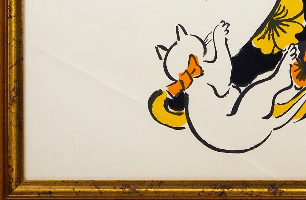 藤田嗣治 可愛い子猫の油彩画 金色フレーム付き 油彩画