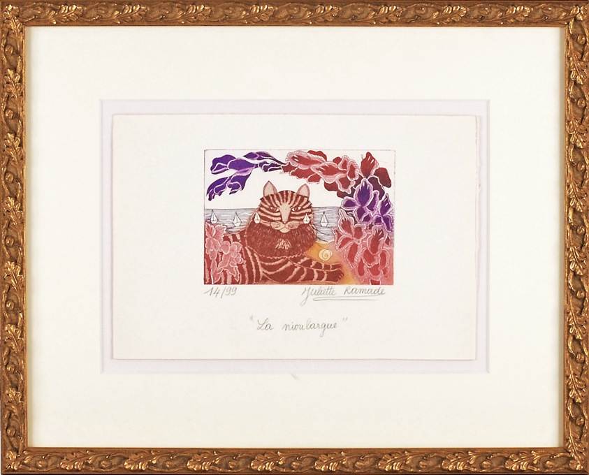 ジュリエット・ロマーダ　版画　猫と花 原画　 ビンテージ ジュリエット・ロマーダ 「浜辺」 | | アトリエ・ブランカ