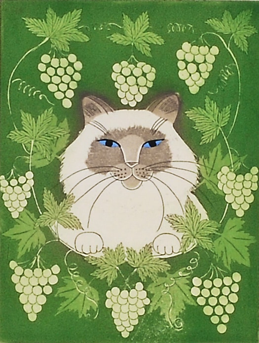 ジュリエット・ロマーダ　版画　猫と花 原画　 ビンテージ ジュリエット・ロマーダ 「ブドウ棚のロメオ」 | | アトリエ・ブランカ