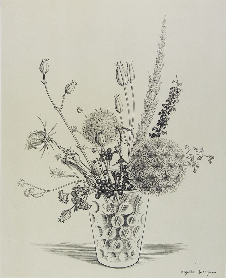 真作保証】長谷川潔「コップに挿した野花」エッチング 額装 版画 絵画