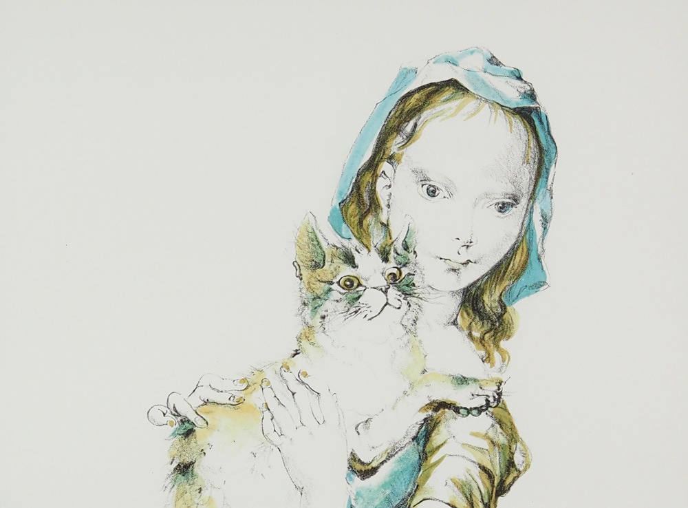 藤田嗣治　猫を抱く少女 藤田嗣治 版画「猫を抱く少女」 