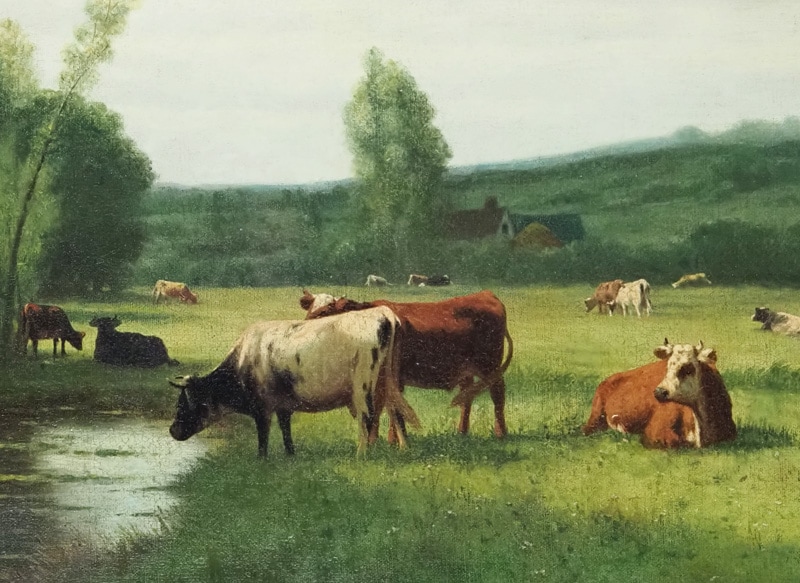 油彩画 牧場の風景 牛たち 油彩画 牧場の風景 牛たち 大塚武「牛のいる牧場風景」油絵・F10