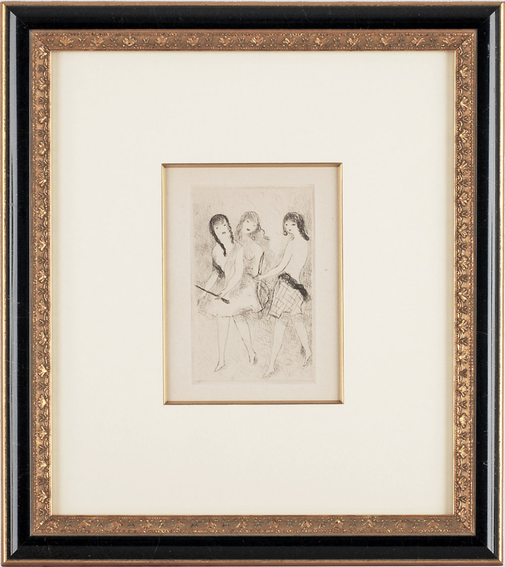 マリーローランサン　カラー銅版画『3人の女性』1937年製作、ウコン布＆共箱付 楽天市場】アート額絵 マリー・ローランサン 三人の若い女 J1