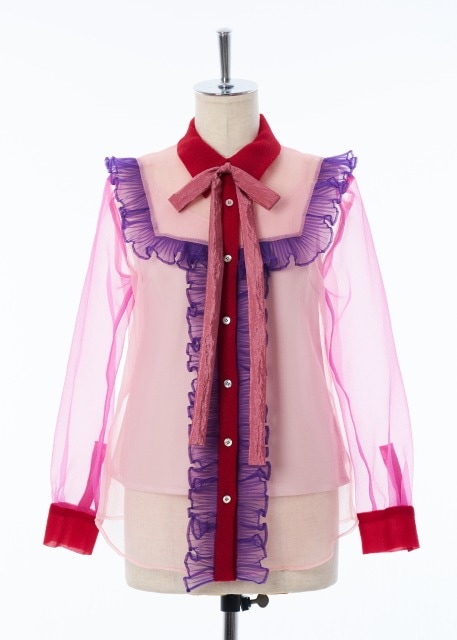 オーガンザパッチワークプリーツブラウス