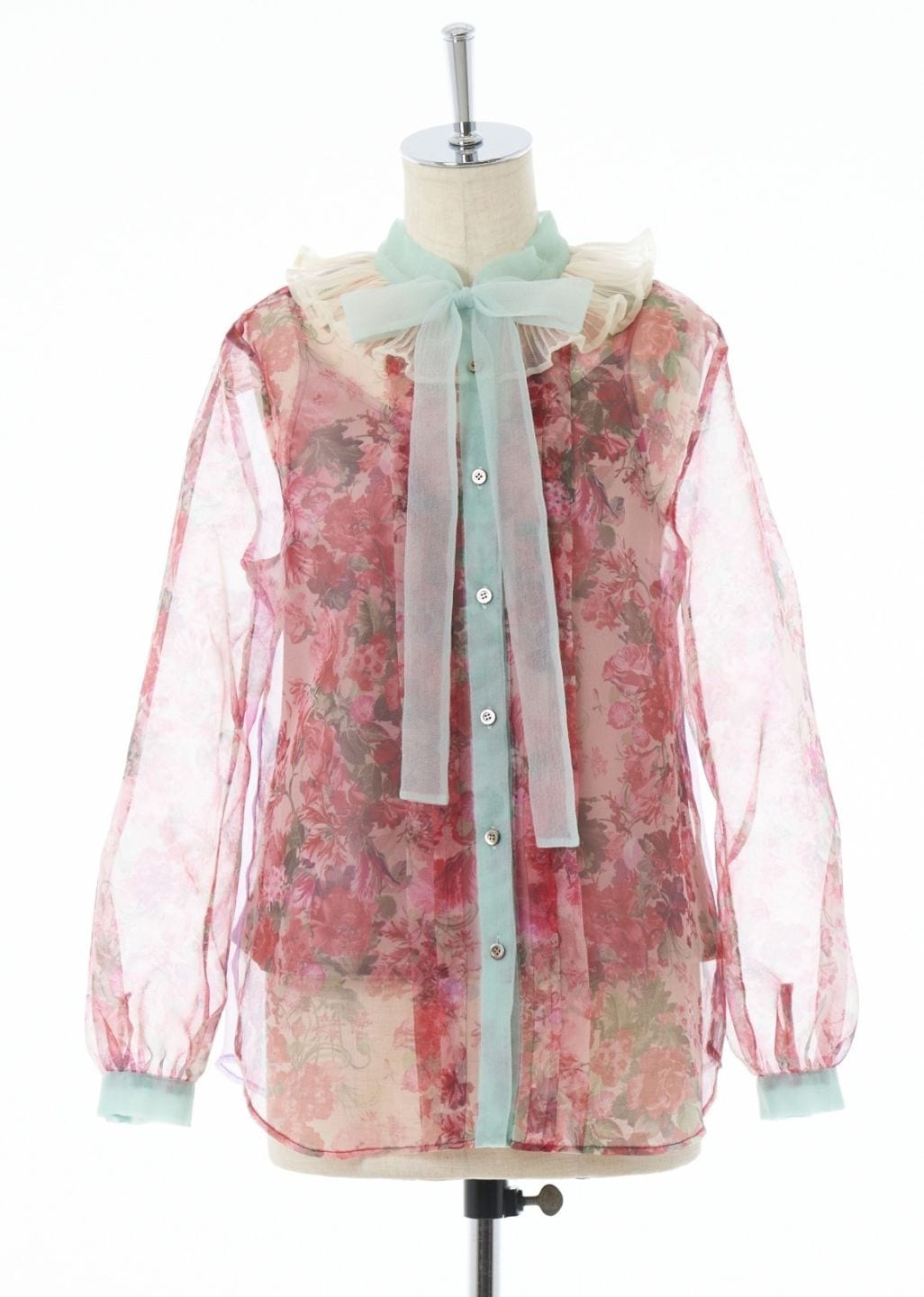 プリーツフリルリボンブラウス