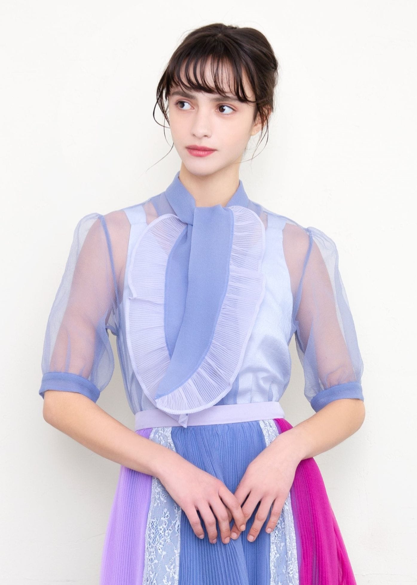 最終✨未使用✨オーガンジーブラウス&台形スカートスーツ9薄ピンク 予約】 裏地付き オーガンジー ブラウス スカート セットアップ