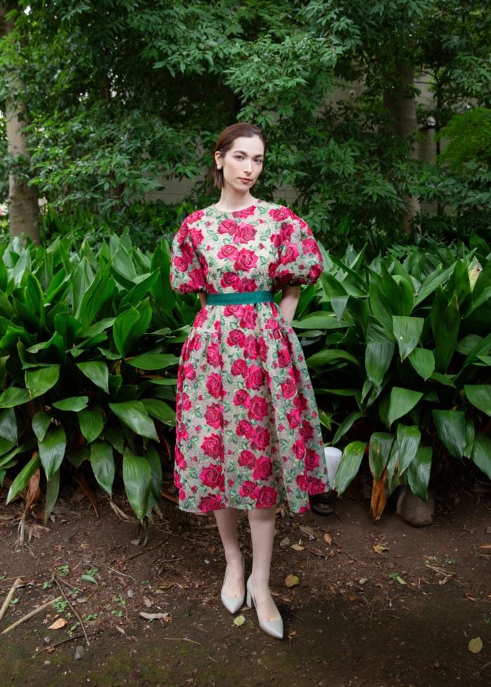 Large rose embroidery midi-length dress