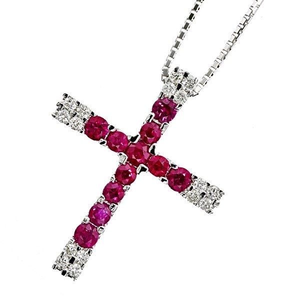 ダイヤモンド クロス ペンダント ルビー 1.3ct(Total) ダイヤ 0.3ct 全国割引 ダイヤ クロスペンダント ネックレス