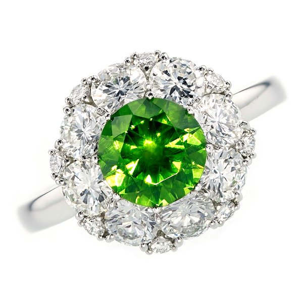デマントイドガーネット リング 1.654ct グリーンカラー ラウンドカット プラチナ 第三者機関による ソーティング付ロシア産【R】